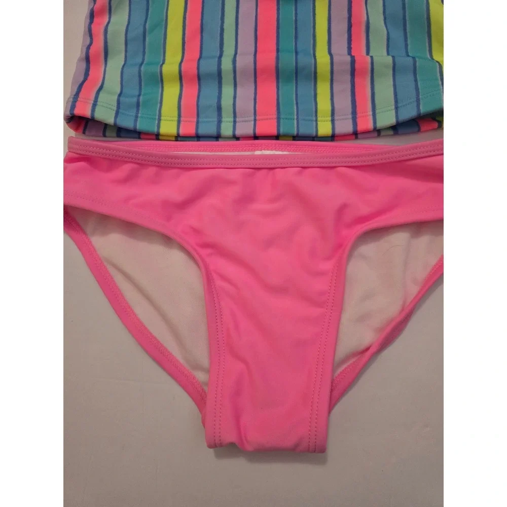 Cat & Jack Girls Striped Tankini 2pc Swimsuit Set Ruffle Straps Pink Blue M 8